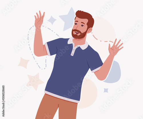 Man, bearded handsome guy in casual sporty wear surprise pose. Stylish athletic sportswear polo, modern active fit city leisure, comfort. Vector flat style cartoon illustration, creative background