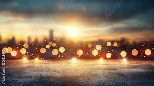 A stunning sunset casts warm light over a city skyline, with glowing bokeh effects creating a dreamy atmosphere.