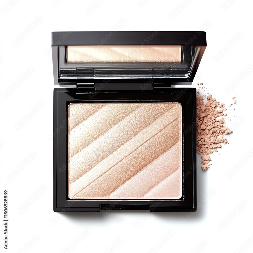 Open makeup compact with shimmering highlighter, elegant design, isolated white background. Open makeup compact with shimmering highlighter, elegant design, isolated white background.
