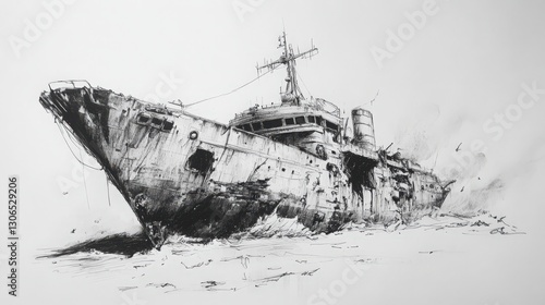 Monochrome drawing depicting an old wrecked ship, an abandoned vessel on the sea