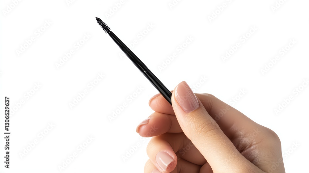 Hand holding a black eyeliner pencil on a white isolated background. Hand holding a black eyeliner pencil on a white isolated background.