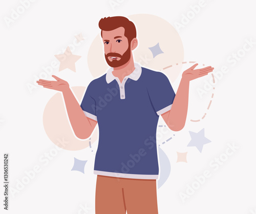 Man, bearded handsome guy in casual sporty wear asking pose. Stylish athletic sportswear polo, modern active fit city leisure, comfort. Vector flat style cartoon illustration, creative background