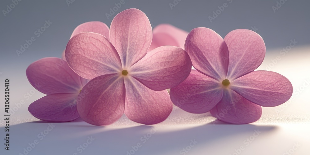 Obraz premium Delicate Pink Petals of Lilac Flowers in Soft, Airy Sunlight, Pastel Lilac Background