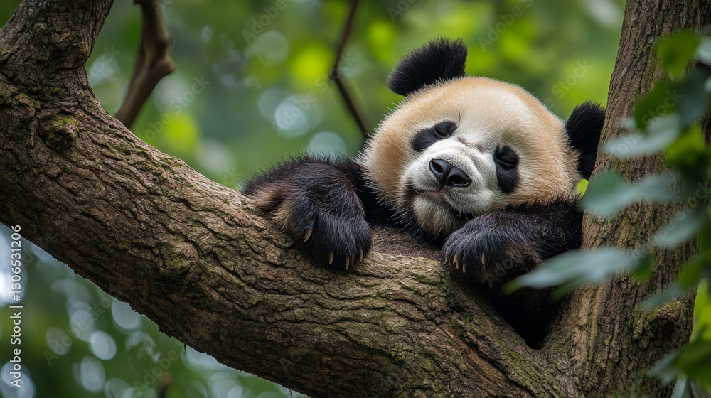 Obraz premium Giant panda resting on a tree branch in a lush green forest, peacefully lying with its paws hanging over the edge. Cute and sleepy wildlife scene in its natural habitat in China.