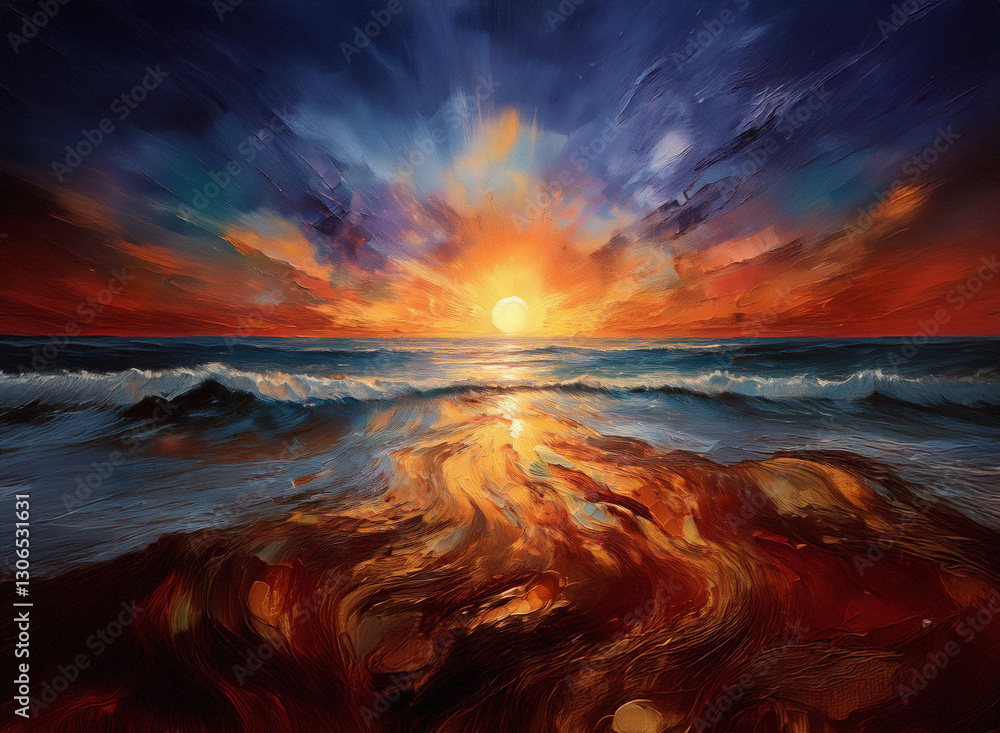 Vibrant sunset over ocean waves painting, with a dramatic sky and sun reflecting on water. Dark and colorful background emphasizes the bright horizon. Vibrant sunset over ocean waves painting, with a dramatic sky and sun reflecting on water. Dark and colorful background emphasizes the bright horizon.