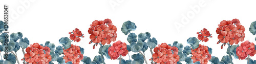 Foto Watercolor seamless border with hand drawn red geranium flowers and leaves isolated on white background