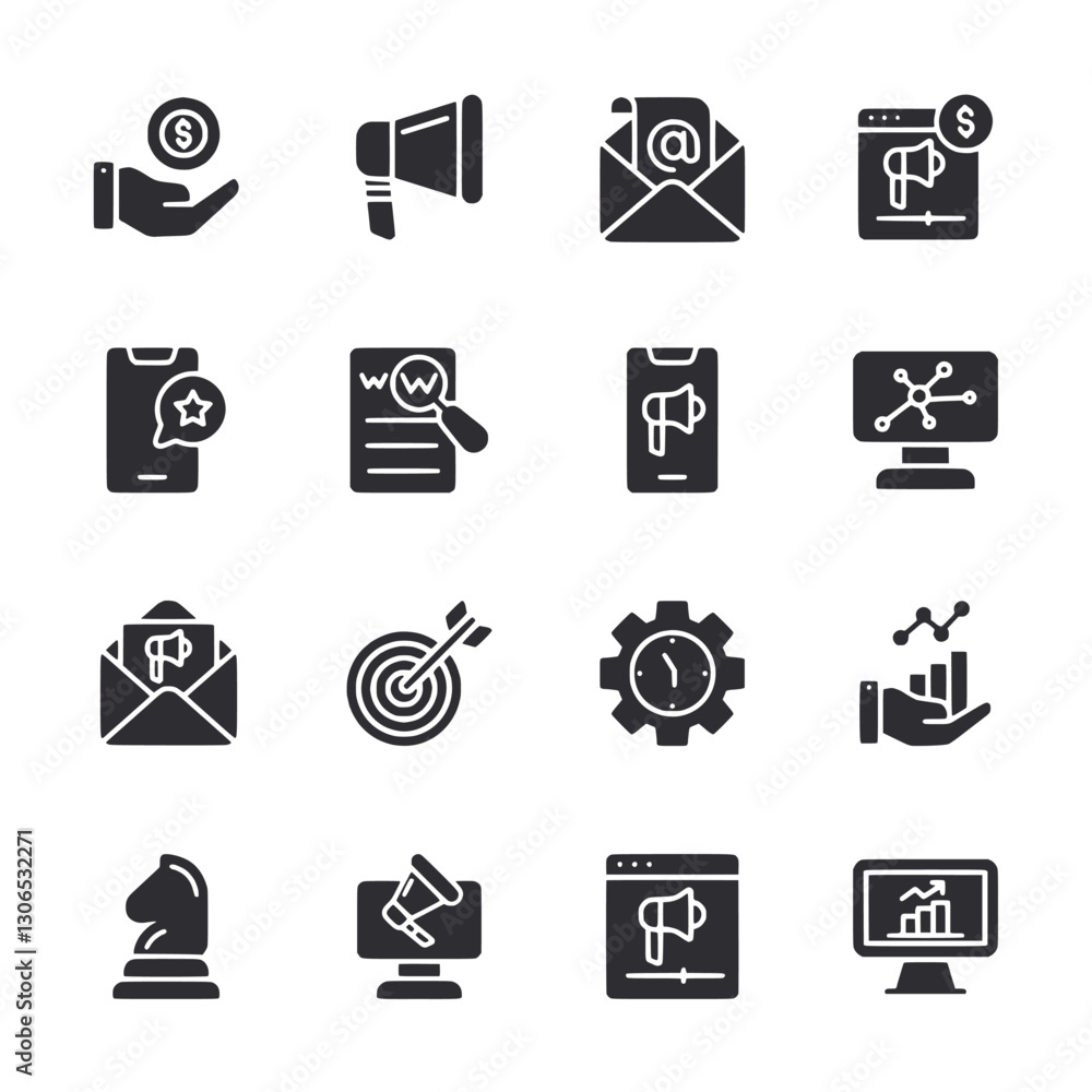 A set of icons for various business and technology related items A set of icons for various business and technology related items