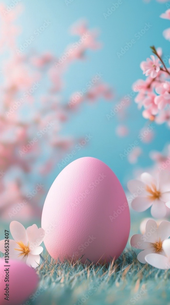 Fototapeta premium Delicate pink egg amid soft blossoms and blue sky.