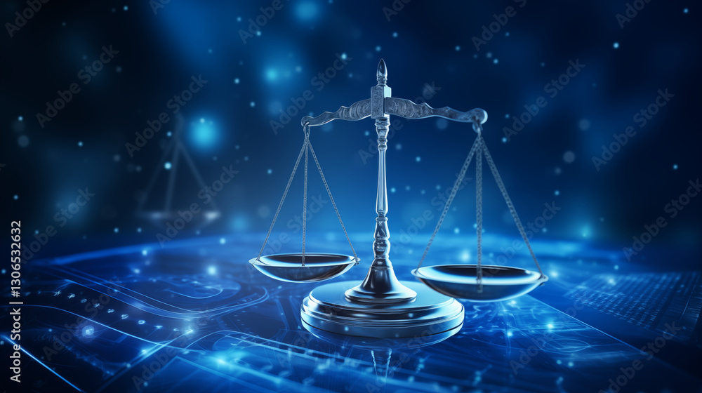 Digital law background concept with digital scales of justice and binary code, AI technology for online court or glowing cyber law on a blue abstract dark backdrop Digital law background concept with digital scales of justice and binary code, AI technology for online court or glowing cyber law on a blue abstract dark backdrop