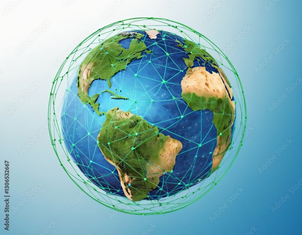 Stylized digital globe logo, featuring interconnected lines and dots to symbolize global connectivity and advanced technology, in cybernetic blue and digital green colors, white background Stylized digital globe logo, featuring interconnected lines and dots to symbolize global connectivity and advanced technology, in cybernetic blue and digital green colors, white background