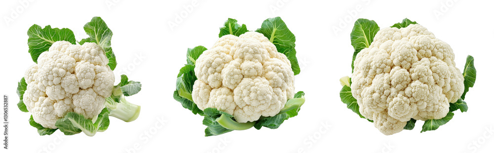 Fresh cauliflower heads with vibrant green leaves Fresh cauliflower heads with vibrant green leaves