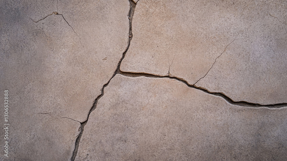 Obraz premium Cracked cement surface with textured appearance, showcasing natural wear and tear. light beige color highlights intricate patterns formed by cracks, creating interesting visual
