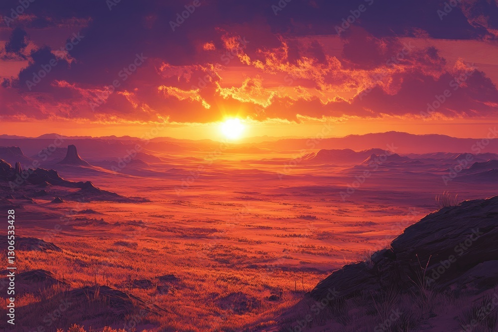 Fototapeta premium A breathtaking sunset over a vast, fiery desert landscape, casting long shadows and vibrant colors.