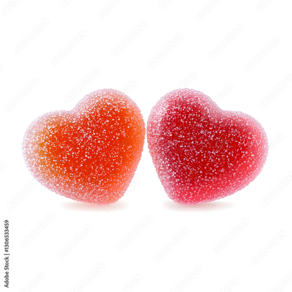Obraz premium Red Jelly heart shaped candies coated in sugar, isolated on white background