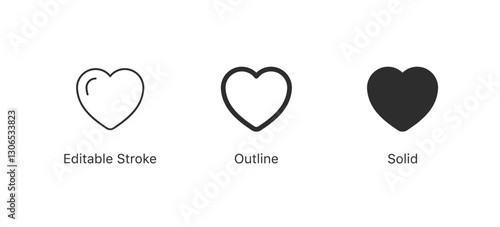 Heart icon set. add to favorite icon heart love icon button - save icon symbol - love like icon button in three styles: editable stroke, outline and solid