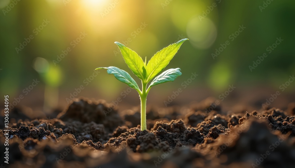 Green sprout grows in fertilized soil with blurred back light. New germ bud, plant leaf sprouts on ground. Agriculture, nature rebirth, spring, new life concept. Sustainable agriculture, eco farming. Green sprout grows in fertilized soil with blurred back light. New germ bud, plant leaf sprouts on ground. Agriculture, nature rebirth, spring, new life concept. Sustainable agriculture, eco farming.