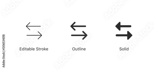 arrows transfer icon, exchange arrow icons - Swap icon with two arrows in three styles: editable stroke, outline and solid