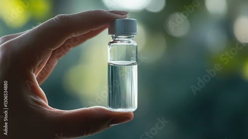 A hand holding a small vial with liquid quicksilver inside.