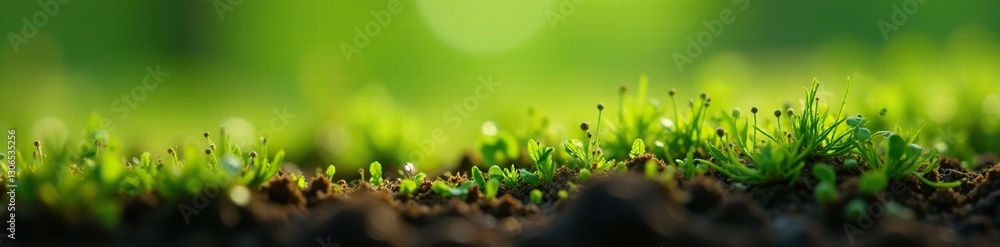 Spores germinating on the surface of damp grass, microorganisms, earthy Spores germinating on the surface of damp grass, microorganisms, earthy