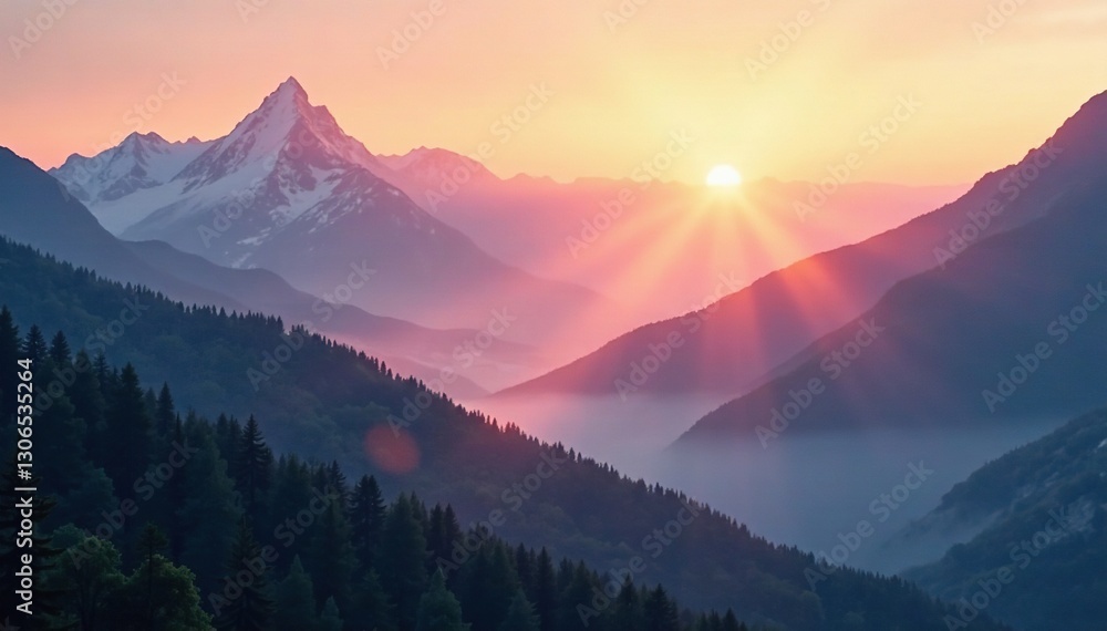 Obraz premium Soft morning light filtering through mountains peaks, fog, serene, sunrise