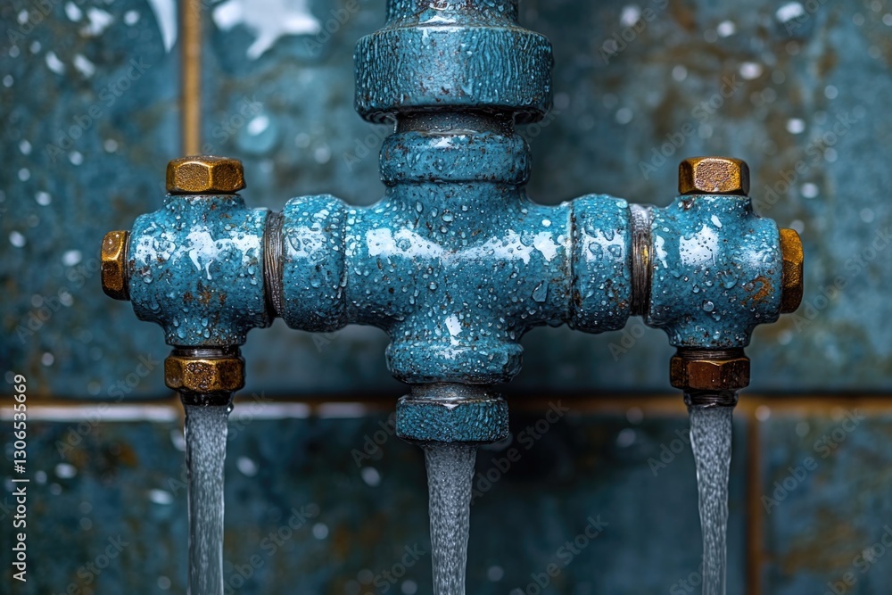 A close-up view of a functioning water faucet, with water flowing from the spout A close-up view of a functioning water faucet, with water flowing from the spout