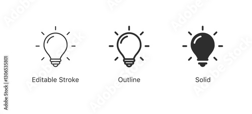 Light bulb icon set. lamp icon symbol collection , creative good idea logo. innovative idea icon sign in three styles: editable stroke, outline, and solid flat style. vector illustration