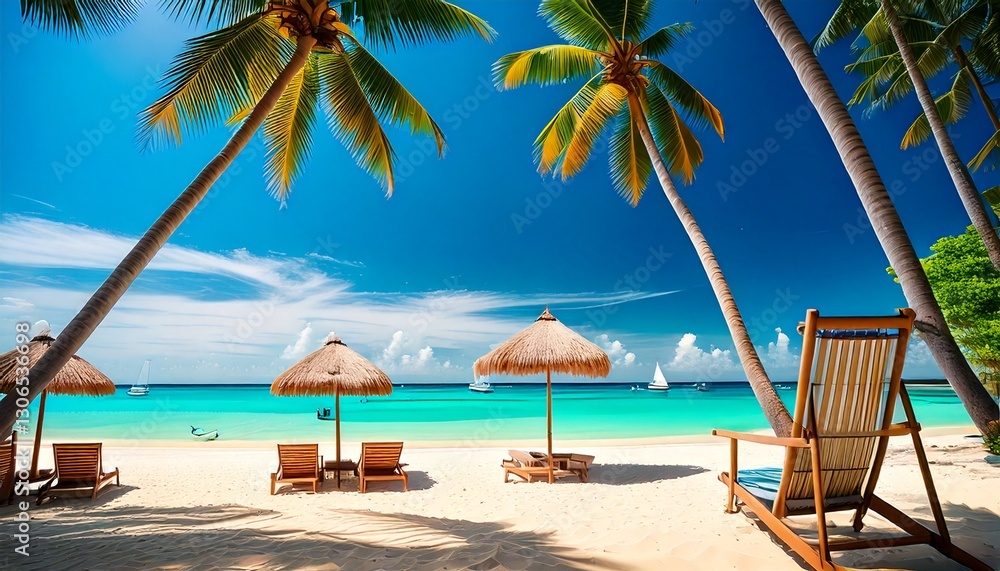 Idyllic tropical beach scene with swaying palm trees, thatched umbrellas, lounge chairs, and a turquoise ocean under a bright blue sky. Sailboats dot the horizon. Idyllic tropical beach scene with swaying palm trees, thatched umbrellas, lounge chairs, and a turquoise ocean under a bright blue sky. Sailboats dot the horizon.