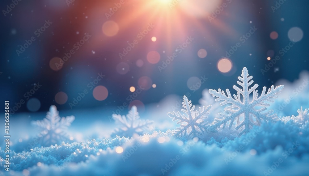 Variety of snowflakes against blurred background, winter, art Variety of snowflakes against blurred background, winter, art