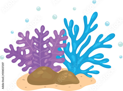 Vector illustration of corals and algae. Drawings for design, banners, books, marine magazines and travel magazines. Stock illustration.