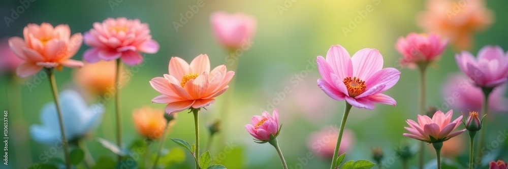 Pastel garden flowers mirrored, soft focus, whimsical , garden, background Pastel garden flowers mirrored, soft focus, whimsical , garden, background