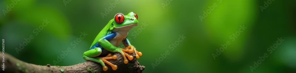 Obraz premium Close-up of a vibrant green tree frog perched on a branch, wildlife photography, wildlife