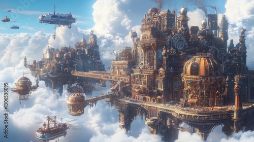 Fototapeta Naklejka Na Ścianę i Meble -  Steampunk city with large, ornate buildings and steam-powered machinery, floating in the sky above an intricate river system