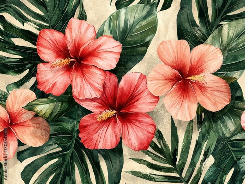 Wallpaper Mural Vibrant Tropical Hibiscus and Leaves Pattern Torontodigital.ca