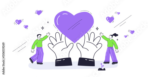 Charity is symbolized by hands holding a heart, with people engaging joyfully. Playful style