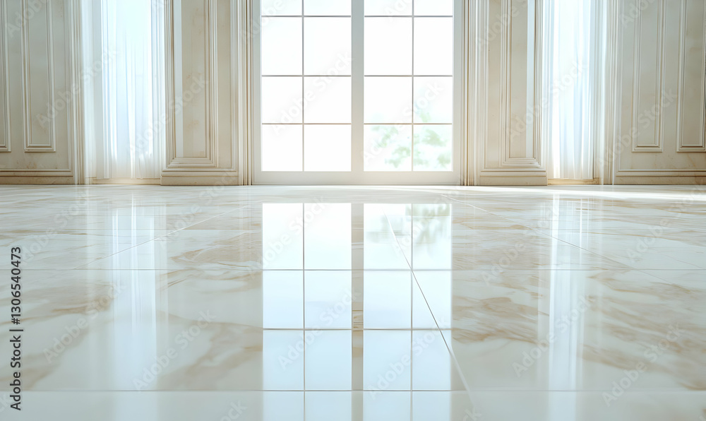 Fototapeta premium Bright and Elegant Room with Glossy Marble Floor and Large Windows