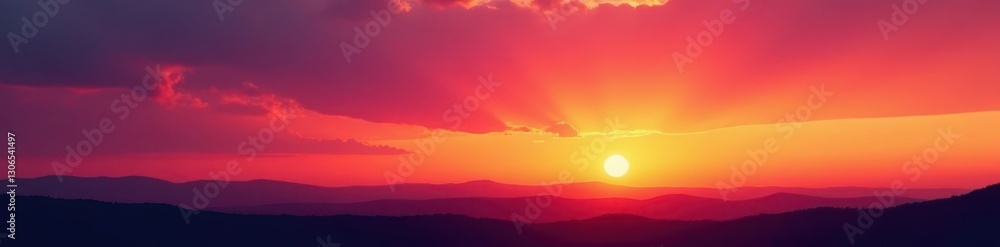 Obraz premium Vast sunset sky, minimal landscape silhouette, pink, sun, majestic
