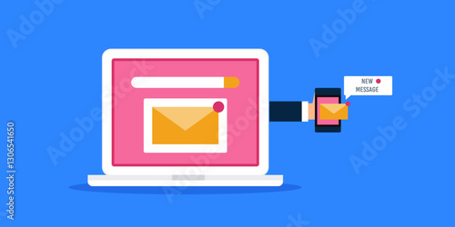 New message notification on mobile and laptop screen, digital communication technology concept.