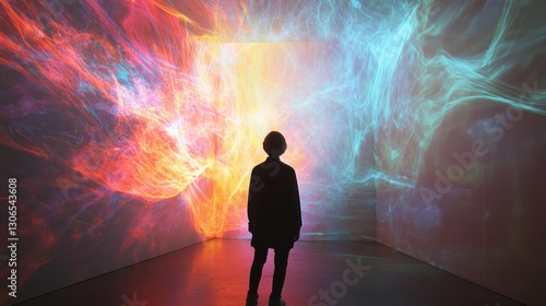 Person observing immersive digital art projection in a dark room