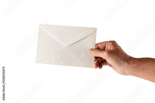 Male hand holding a white envelope isolated no background