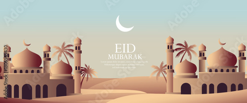 Ramadan Kareem or Eid al fitr poster, holiday cover set. Islamic greeting card, banner template with copy space. Ramadan Kareem Modern design with mosque moon crescent, dune sands, mountains, arches.