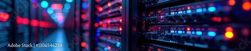Rackmounted servers, network cables, glowing lights, server room, broadcasting