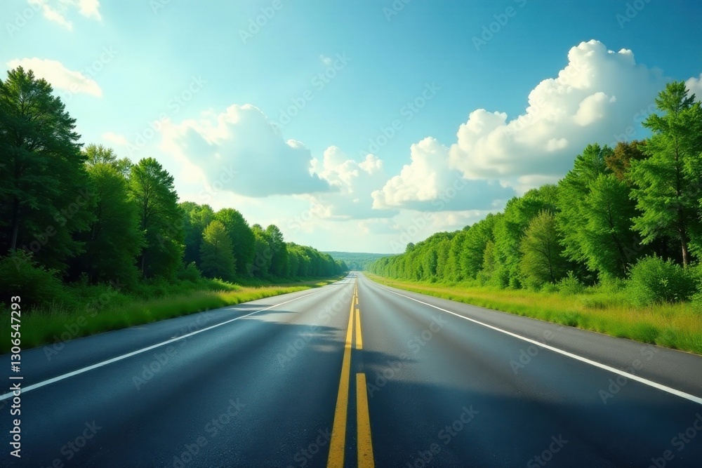 Asphalt Road Cutting Through Lush Green Foliage Under a Bright Summer Sky, Leading to a Distant Horizon Asphalt Road Cutting Through Lush Green Foliage Under a Bright Summer Sky, Leading to a Distant Horizon