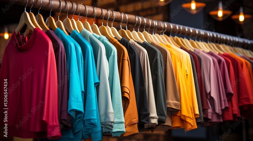 Vibrant Collection of Trendy Tees on Wooden Hangers in a Stylish Boutique