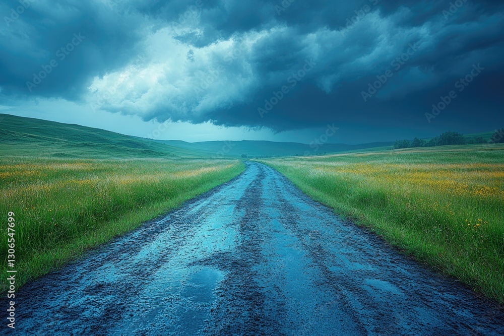 Fototapeta premium A rural landscape with a dirt road and grassy terrain, suitable for outdoor or nature-themed projects