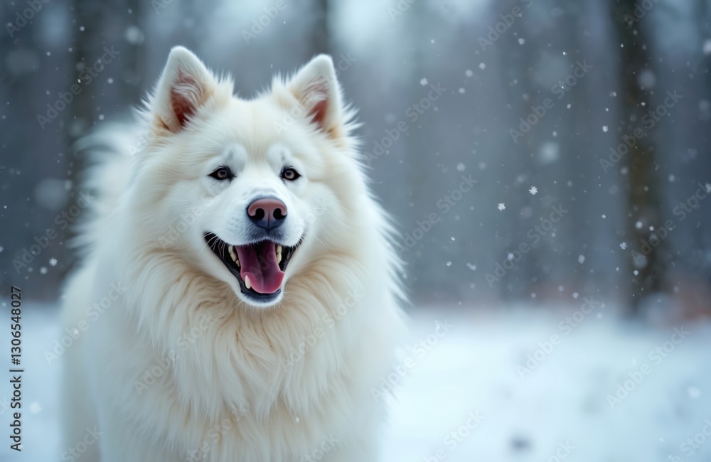 Close-up of happy white Samoyed dog smiling in snowy winter landscape. Fluffy puppy with thick fur enjoying cold weather. Purebred canine pet posing outdoor. Close-up of happy white Samoyed dog smiling in snowy winter landscape. Fluffy puppy with thick fur enjoying cold weather. Purebred canine pet posing outdoor.
