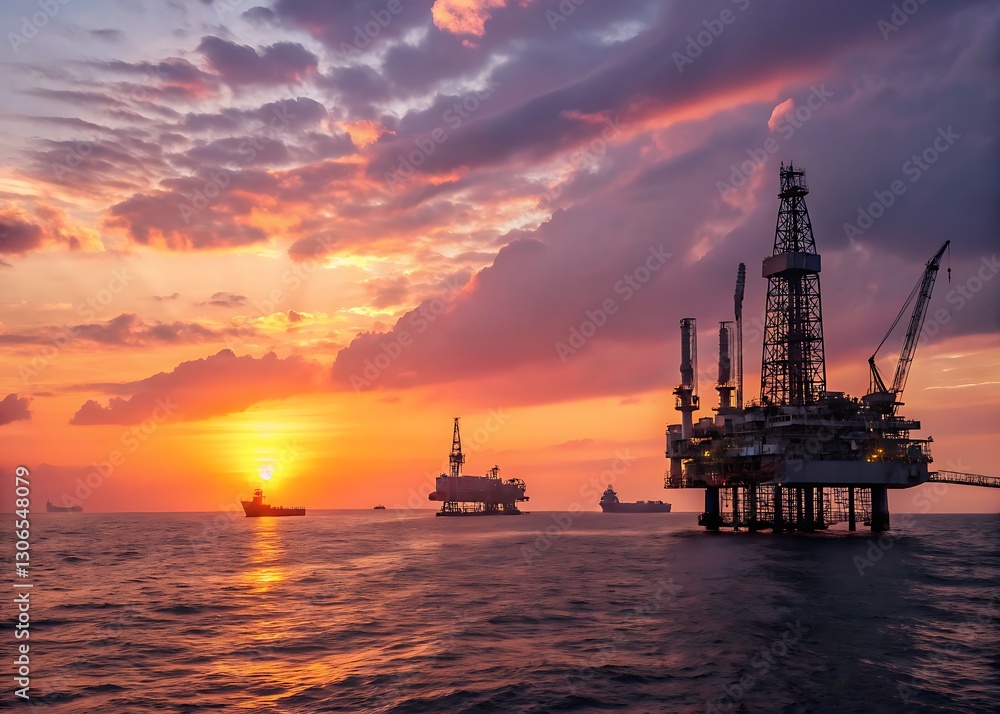 Obraz premium Panoramic image of oil rigs at sea with a gorgeous sunset