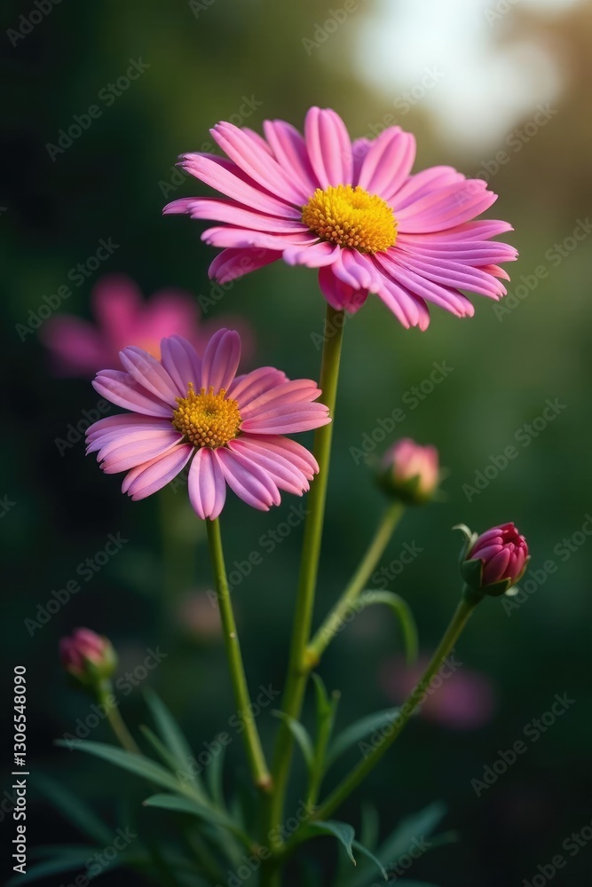 Dark stem with blooming pink chamomile flowers, flowers, bloom, garden