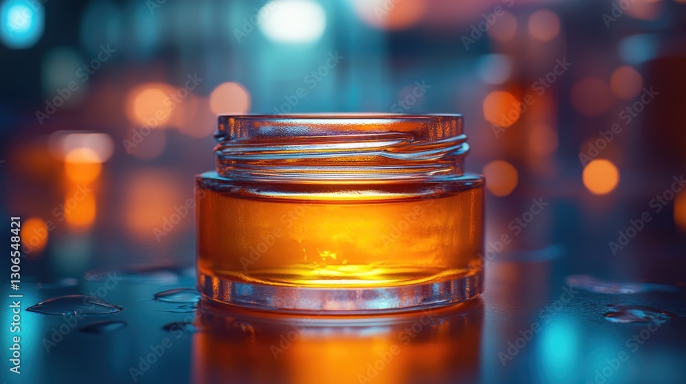 A jar of pure honey sits atop a wooden or glass table, waiting to be used in cooking or as a sweetener A jar of pure honey sits atop a wooden or glass table, waiting to be used in cooking or as a sweetener