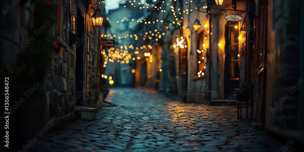 Fototapeta premium Mystical medieval town with cobblestone streets and magical glowing lanterns