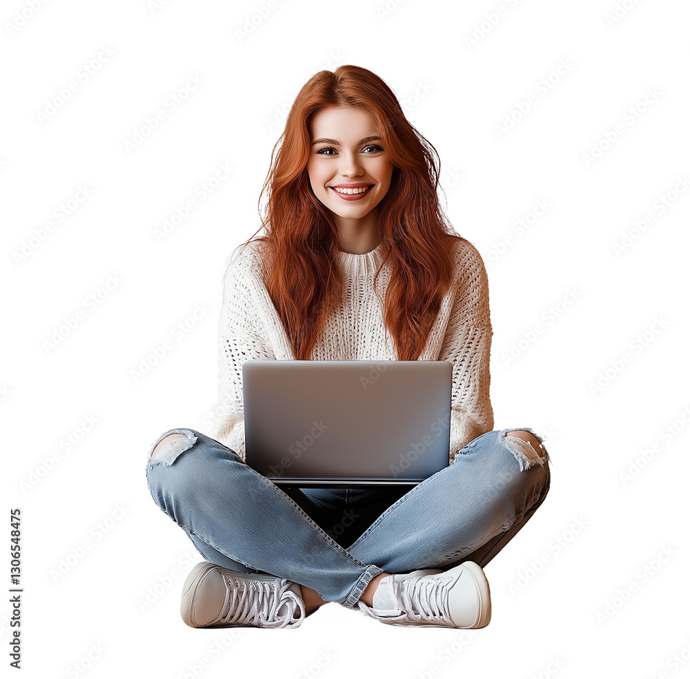 Naklejka premium Young smiling woman sitting on the floor with laptop, isolated on transparent background